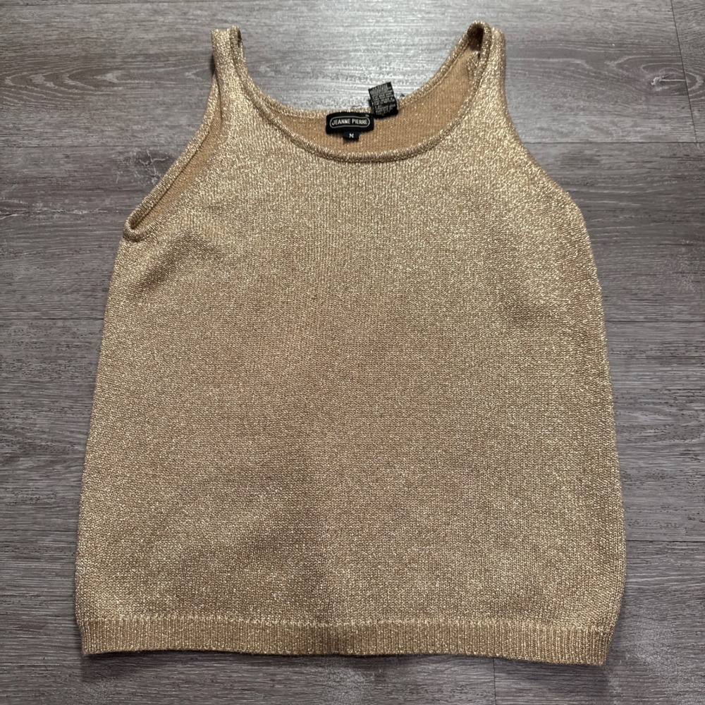 Jeanne Pierre Tank Top Womens M Gold Metallic Lambswool Knit VTG Shimmer Glam